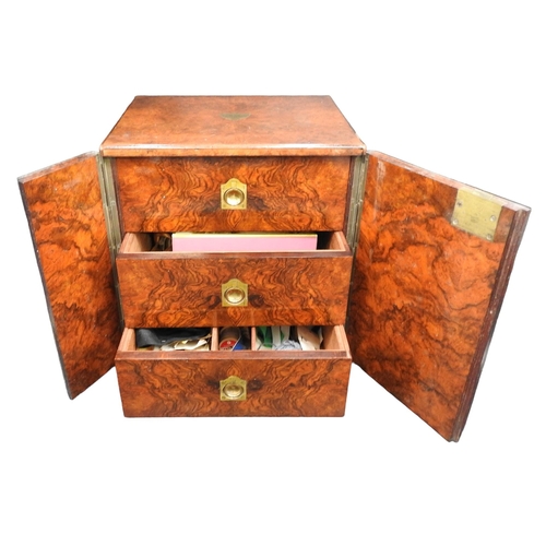 430 - A VICTORIAN BURR WALNUT SEWING CHEST, the square form chest flanked by two brass campaign style hand... 