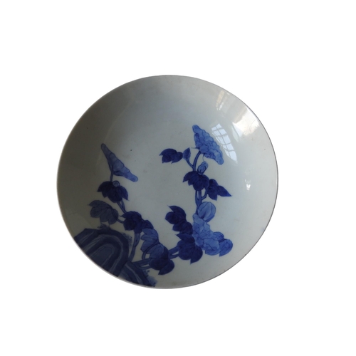 294 - A JAPANESE BLUE AND WHITE DISH19/20TH CENTURY underglaze blue flowers growing on rocks.