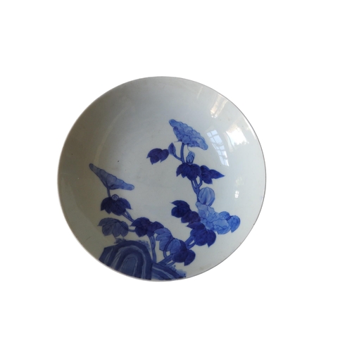 294 - A JAPANESE BLUE AND WHITE DISH19/20TH CENTURY underglaze blue flowers growing on rocks.