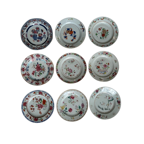 272 - A GROUP OF NINE FAMILLE ROSE PLATES,QING DYNASTY18TH CENTURY decorated with overglaze enamel floral ... 