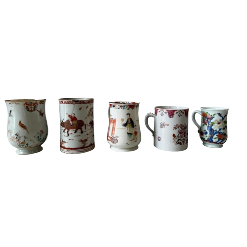 274 - A GROUP OF FIVE FAMILLE ROSE MUG18TH CENTURY decorated with figures and floral motifs.Provenance:fro... 