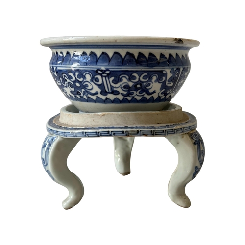 281 - A BLUE AND WHITE PORCELAIN BOWL AND STAND 19TH CENTURY the bowl and stand decorated with archaistic ... 