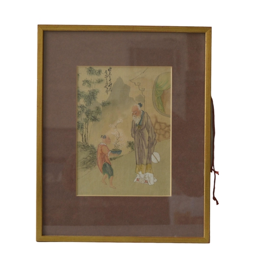 349 - A CHINESE PAINTING ON PANEL, depicting a villager making an offering to a scholar, with rural mounta... 