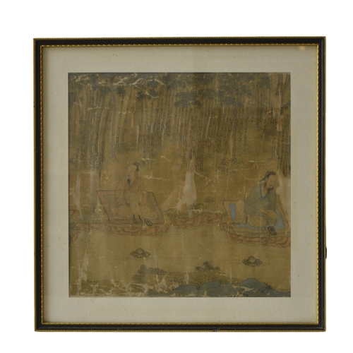 350 - A CHINESE PAINTED PANEL, depicting two scholars sat beside a stream, in a bamboo forest, glazed and ... 