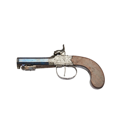 170 - A PERCUSSION PISTOL WITH SPRING LOADED BAYONET, sliding trigger release, blued octagonal barrel, eng... 