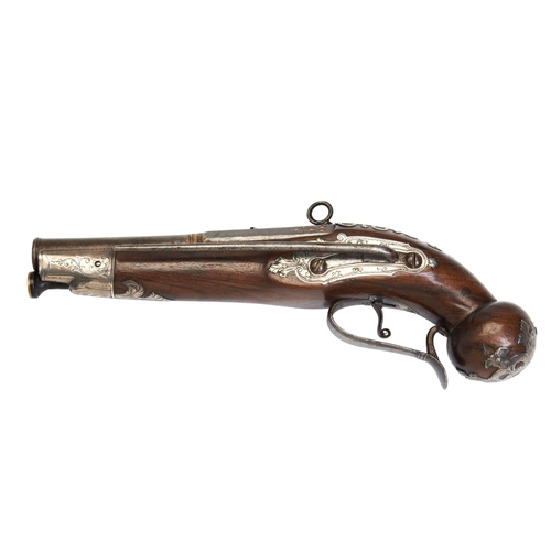 177 - A SPANISH MIQUELET BELT PISTOL SIGNED SCARRAFONE, the smoothbore barrel with gilt highlights and pro... 