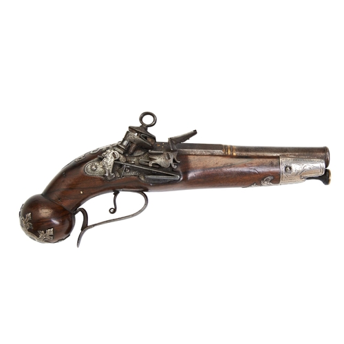 177 - A SPANISH MIQUELET BELT PISTOL SIGNED SCARRAFONE, the smoothbore barrel with gilt highlights and pro... 