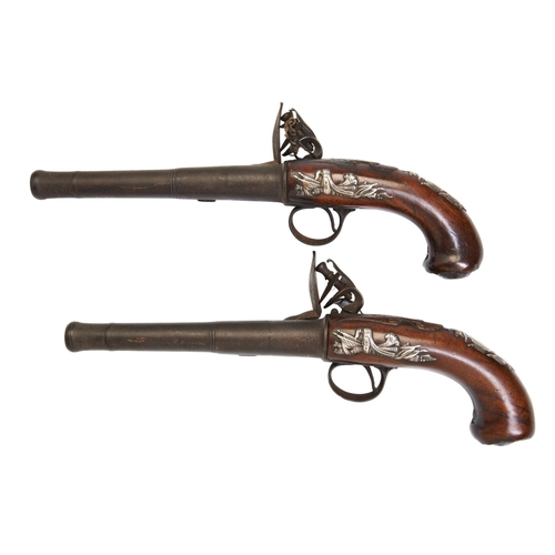 173 - A PAIR OF FLINTLOCK CANNON BARRELLED PISTOLS, SIGNED COLUMBELL, with three-stage barrels, marked Lon... 