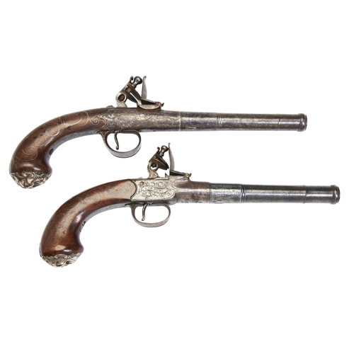 174 - A PAIR OF FLINTLOCK CANNON BARRELLED BOX-LOCK  PISTOLS, SIGNED WEBB, with three stag twist-off barre... 