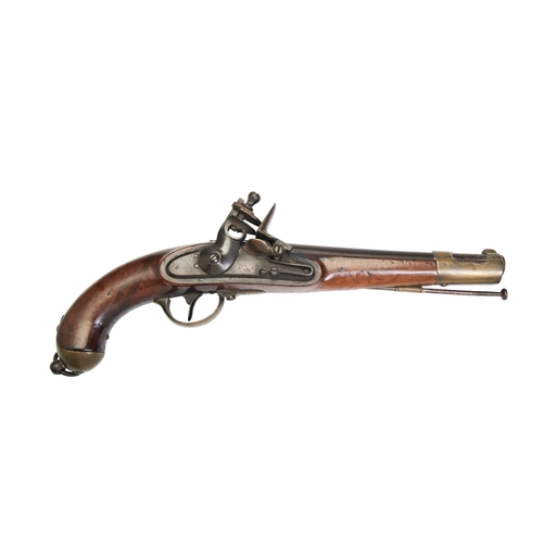 171 - A FRENCH FLINTLOCK CAVALRY PISTOL with brass furniture and steel ram rod, the lock stamped 854, the ... 