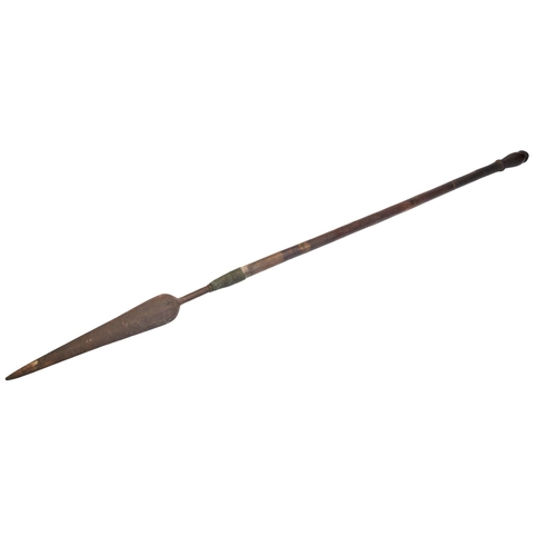 157 - A ZULU IKWLA ‘STABBING’ SPEAR, the broad iron blade bound with woven  wire, the shaft with A baluste... 