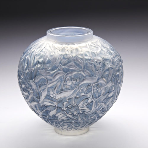 306 - A LALIQUE 'GUI' MISTLETOE OPALESCENT GLASS VASE, with blue staining, model 948, Engraved ‘R. Lalique... 