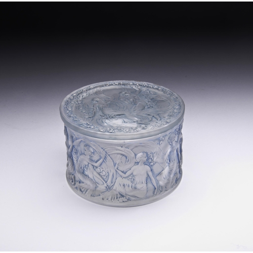 307 - A LALIQUE 'FIGURINES ET VOILES' FROSTED GLASS BOX AND COVER WITH BLUE STAINING, moulded ‘R. LALIQUE ... 