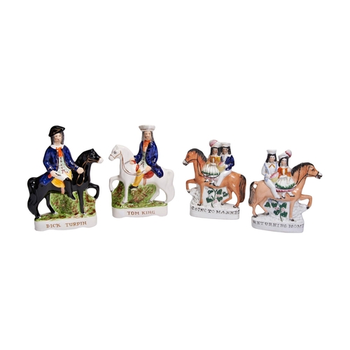 316 - A PAIR OF LATE TOM KING AND DICK TURPIN STAFFORDSHIRE FIGURES and a pair of Going to Market/Returnin... 