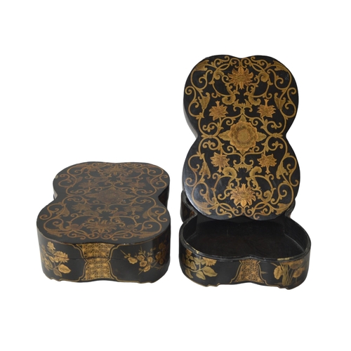 225 - A PAIR OF CHINESE LACQUERED WEDDING BOXES, LATE QING DYNASTY, cartouche form, the covers with profus... 