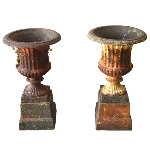 127 - A PAIR OF VINTAGE CAST-IRON CAMPAGNA FORM GARDEN URNS, good weathered appearance, raised on square t... 