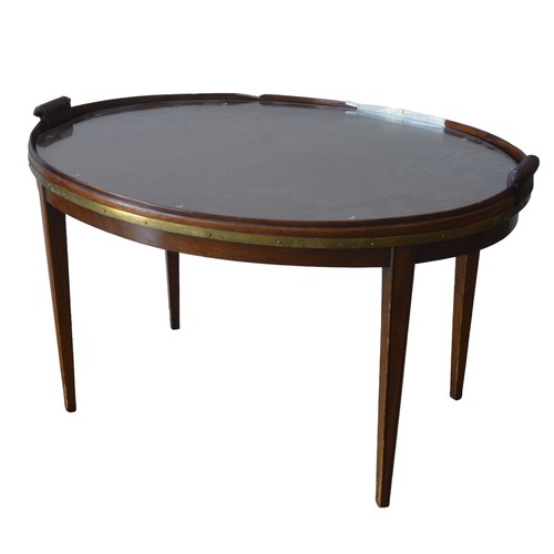 541 - A MAHOGANY COOPERED TRAY TOP TABLE, 19TH CENTURY, the galleried oval top with brass banding and eleg... 