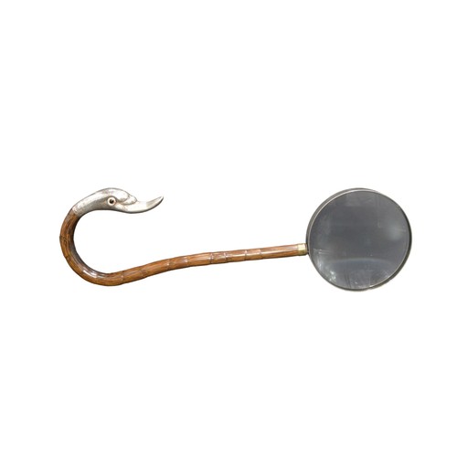 805 - A SILVER MOUNTED PARASOL HANDLE, repurposed as a magnifying glass, the silver mount modelled as a du... 