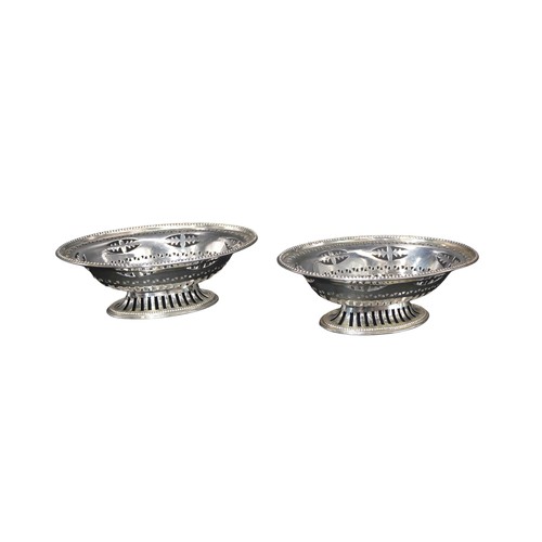 798 - A PAIR OF OVAL SILVER SWEETMEAT DISHES, ornate pierced sides with beaded rims, marked William Neale,... 