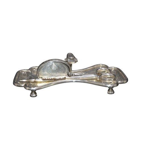 802 - A GEORGE III SILVER CANDLE SNUFFER AND TRAY, both with chased decoration depicting hand clutching a ... 