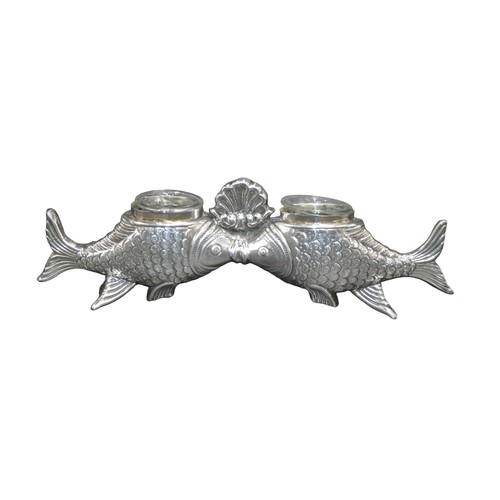 818 - A SHARABY SILVER INKSTAND, modelled as kissing fish, surmounted by shell, marked Sharaby 999 (22 cm ... 