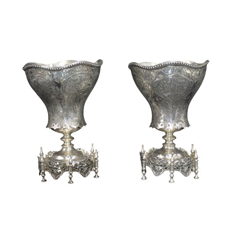 820 - TWO SILVER OTTOMAN SHERBERT SPOON HOLDERS, 19TH CENTURY, tapering lobed form with beaded rim and cha... 