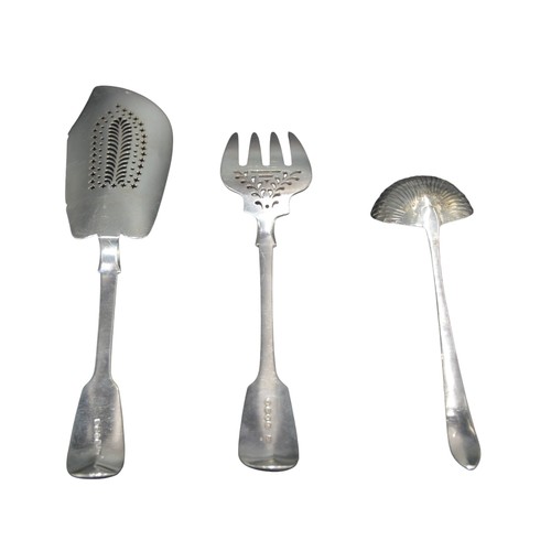 809 - A WILLIAM IV SILVER FISH SLICE AND A VICTORIAN SILVER FISH SERVING FORK, together with a silver shel... 