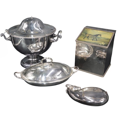 814 - A GROUP OF SILVER PLATED WARES, the lot consists of a large soup tureen with domed cover, a ram's he... 