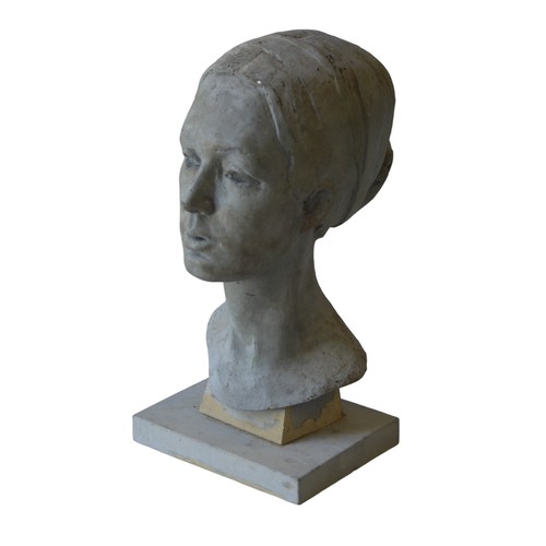 413A - A CAST FIBRE GLASS FEMALE BUST FIGURE, painted in a pale blue finish and mounted on a rectangular pl... 