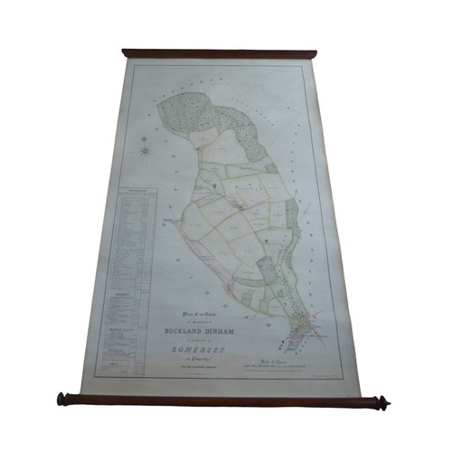 400A - A VICTORIAN HAND COLOURED MAP ON A MAHOGANY SCROLL, the map entitled 'Plan of a Country Estate in th... 