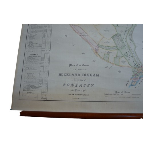 400A - A VICTORIAN HAND COLOURED MAP ON A MAHOGANY SCROLL, the map entitled 'Plan of a Country Estate in th... 