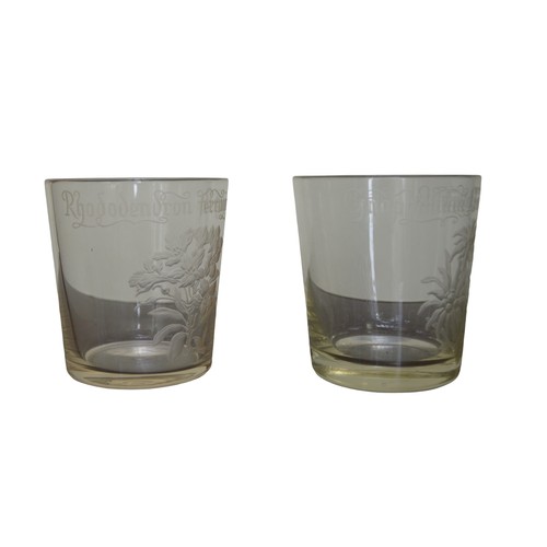 299 - A PAIR OF VINTAGE ETCHED GLASS TUMBLERS, the tapering sides decorated with botanical decoration of E... 