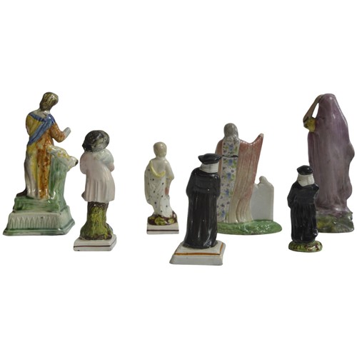 835 - A GROUP OF SEVEN EARLY 19TH CENTURY PEARL WARE AND PRATT WARE FIGURES, the lot includes a robed maid... 