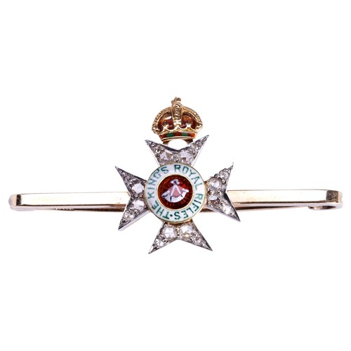 550 - AN ENAMEL AND DIAMOND BROOCH, REGIMENTAL BROOCH FOR THE KINGS ROYAL RIFLESthe red green and white en... 