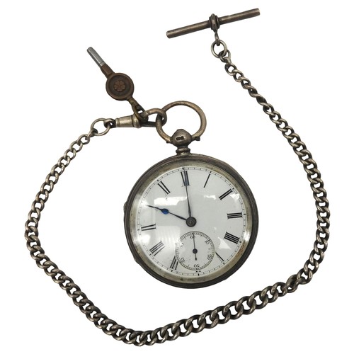 519 - A SILVER CASED POCKET WATCH AND ALBERT CHAIN, the watch with a 4.5 cm enamelled dial with subsidiary... 