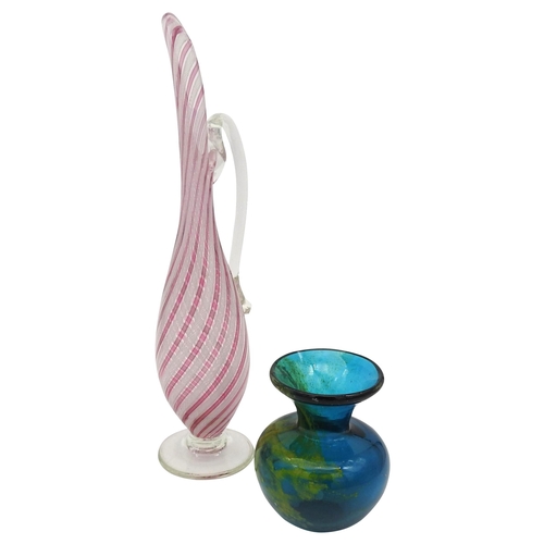 311 - A MDINA ART GLASS BOLSTER VASE AND AN ITALIAN ART GLASS EWER, MID 20TH CENTURY, the elegant ewer wit... 