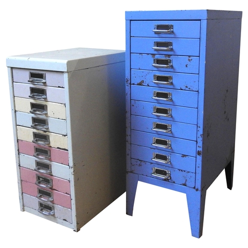 21 - TWO SETS OF VINTAGE STEEL INDEX DRAWERS, a large violet painted set comprised of ten drawers (74 cm ... 