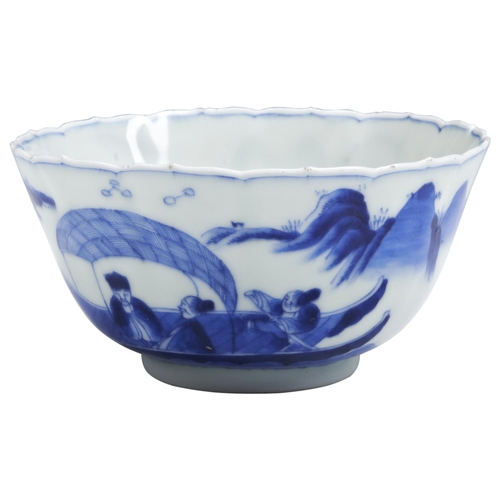 143 - A BLUE AND WHITE BARBED-RIM BOWLCHENGHUA SIX CHARACTER MARK, KANGXI PERIODthe sides painted with fig... 