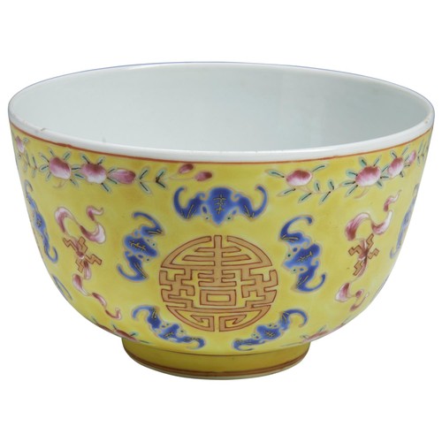 135 - A FAMILLE ROSE 'BATS AND PEACHES' YELLOW-GROUND BOWLTONGZHI FOUR CHARACTER MARK AND OF THE PERIODthe... 