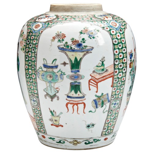 138 - A LARGE FAMILLE VERTE BALUSTER JARKANGXI PERIOD (1662-1722)the sides decorated with panels of elegan... 