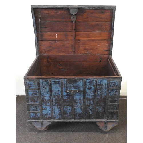 32 - A LARGE INDIAN SANDOOK CHEST, with a gently domed top, painted in an attractive teal blue with a dis... 