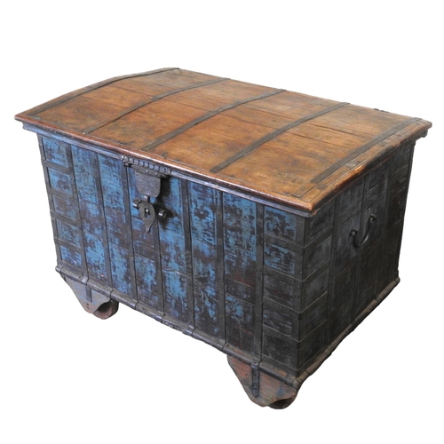 32 - A LARGE INDIAN SANDOOK CHEST, with a gently domed top, painted in an attractive teal blue with a dis... 