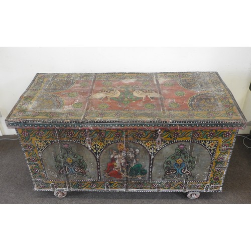 33 - A LARGE INDIAN TEAK SANDOOK CHEST, the iron banded teak chest profusely painted with hindu deities a... 