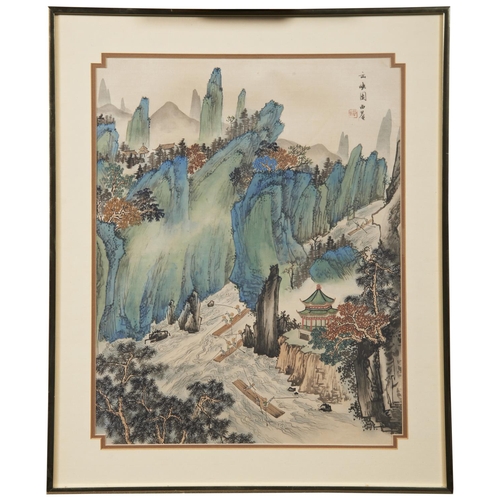 123 - A WATERCOLOUR LANDSCAPE PAINTING OF SAN XIA MOUNTAIN, BY XI QUAN, 20TH CENTURY. Watercolour on paper... 