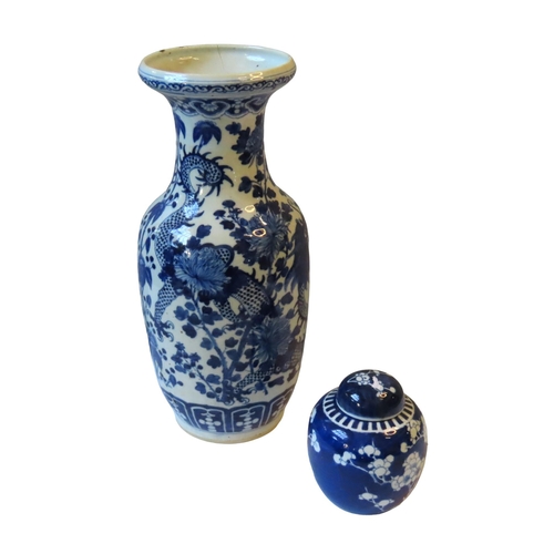 157 - A LARGE CHINESE BLUE & WHITE BALUSTER VASE, 19TH/20TH CENTURY, the sides painted with twin scaly... 