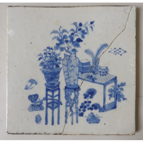 149 - A CHINESE BLUE AND WHITE CERAMIC TILE, QING DYNASTY, 19TH CENTURY, hand painted depicting vases plan... 