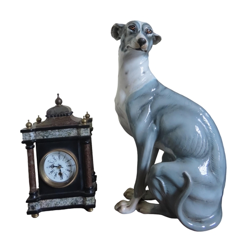 97 - A SLATE AND MARBLE CASED BRACKET CLOCK AND GREYHOUND MODEL, the 8cm enamel dial with Arabic / Roman ... 