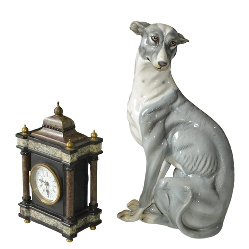 97 - A SLATE AND MARBLE CASED BRACKET CLOCK AND GREYHOUND MODEL, the 8cm enamel dial with Arabic / Roman ... 