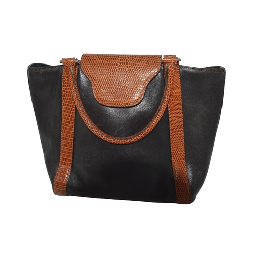 513 - STEFANI SERAPIAN HANDBAG soft black leather body with tan snakeskin trim, clasp cover and handles wi... 