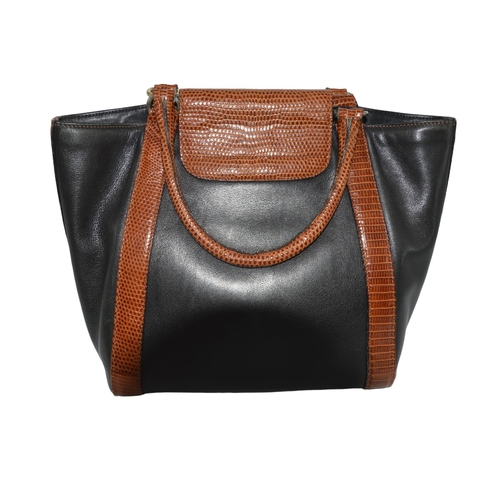 513 - STEFANI SERAPIAN HANDBAG soft black leather body with tan snakeskin trim, clasp cover and handles wi... 